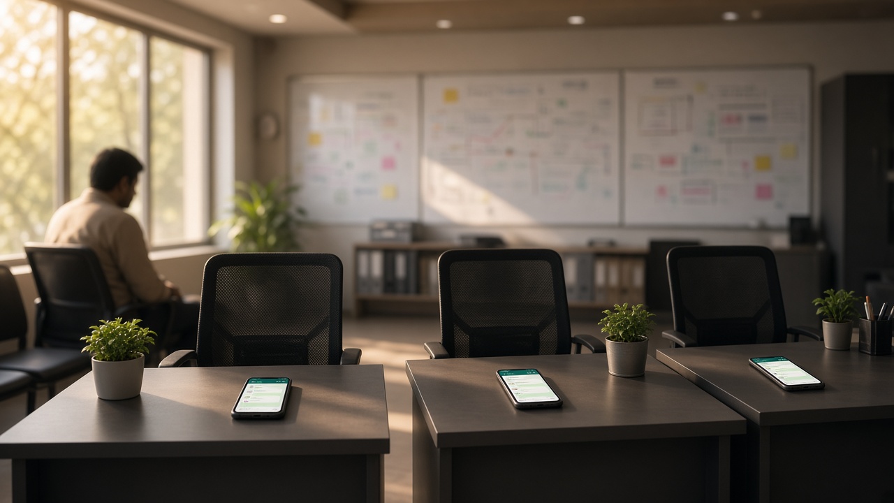 Counsellor desks with phones showing WhatsApp chats during duplicate WhatsApp follow up coaching institute admissions