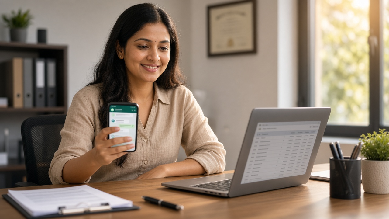 Coaching institute counsellor reviewing WhatsApp admission leads on phone at admissions desk