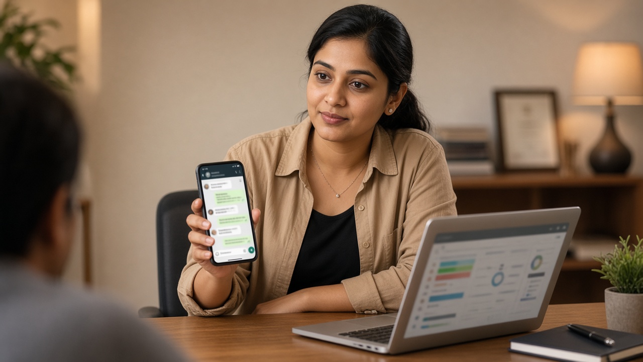 Counsellor sending post-call WhatsApp follow up after a coaching institute admission call