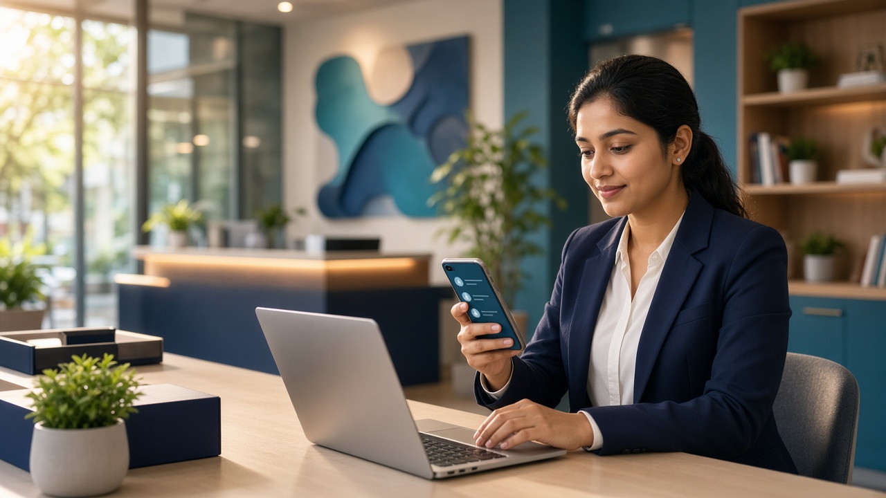 Counsellor at a coaching institute desk using laptop and phone for admissions CRM follow-up in India