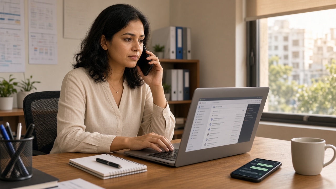 Counsellor running missed call follow up for coaching institute Meta leads at an admissions desk