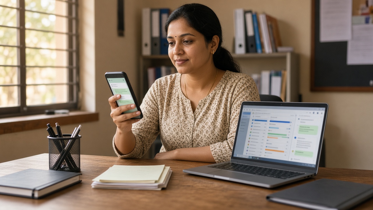 Coaching institute counsellor handling parent discussion follow up on WhatsApp after a student stalls on admission