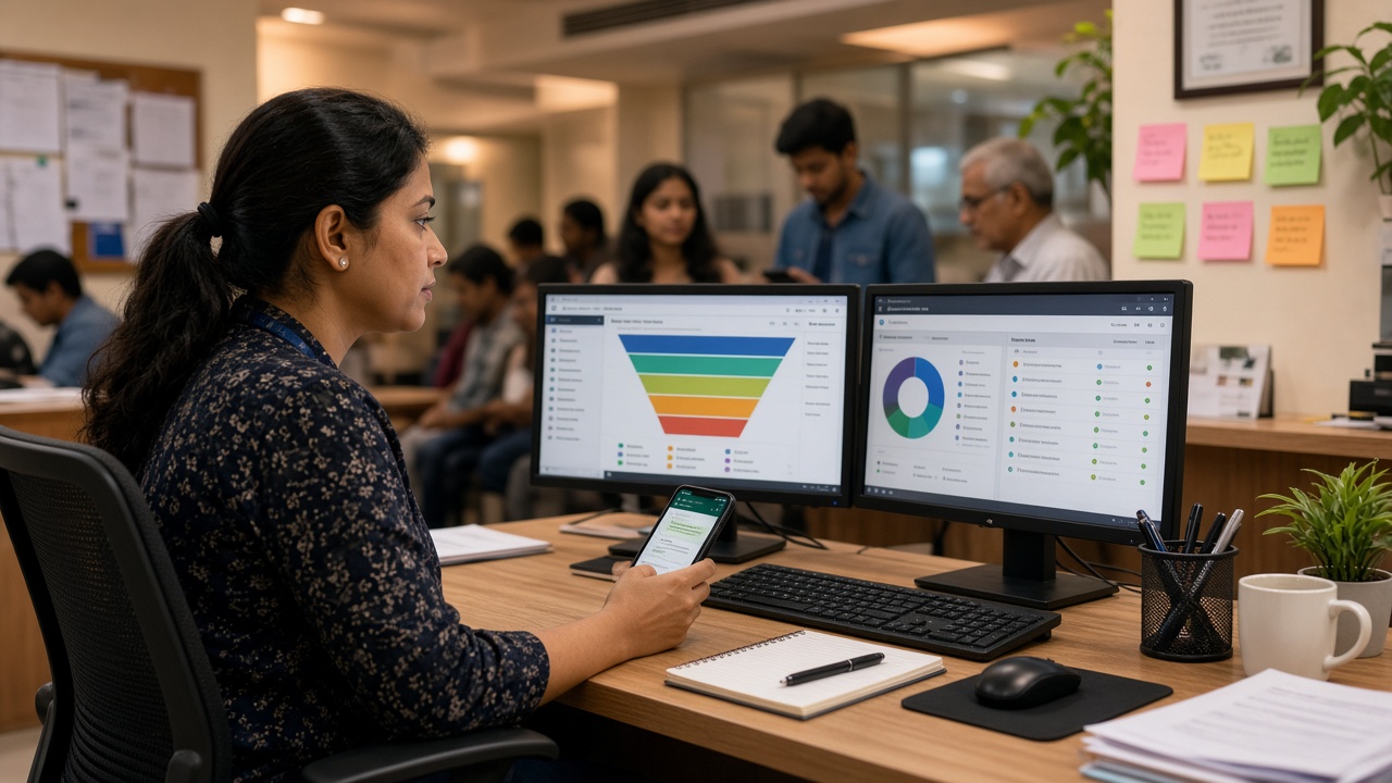 Counsellor at a coaching institute desk managing counsellor debt and WhatsApp admission follow-ups during peak season