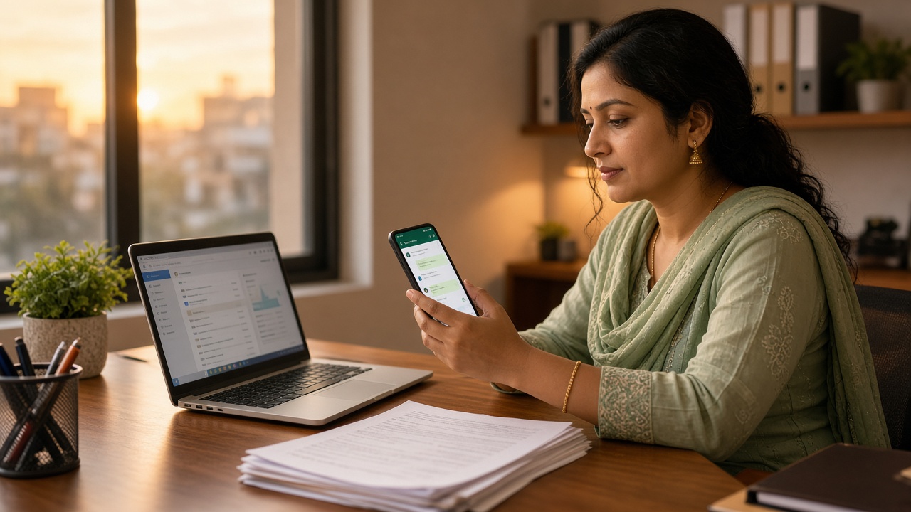 Coaching counsellor sending Meta lead ads first response on WhatsApp at admissions desk in India
