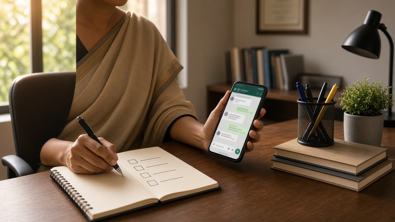 Counsellor planning WhatsApp follow up after demo class at a coaching institute desk in India