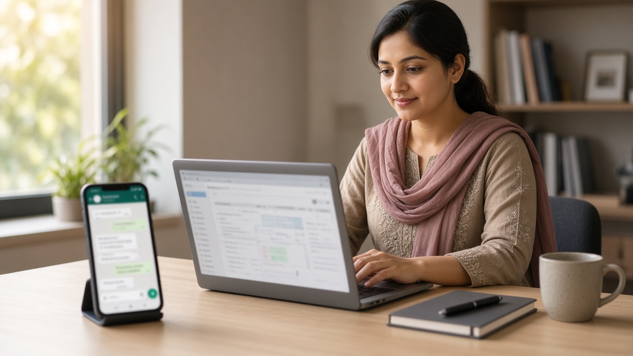 Counsellor sending a coaching institute WhatsApp first reply after a Meta lead ad enquiry, desk with phone and laptop