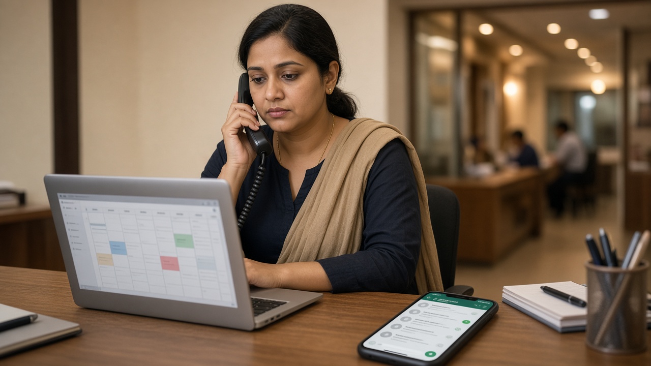 Counsellor at a coaching institute desk following up after a demo class no-show, coaching institute demo no show follow up