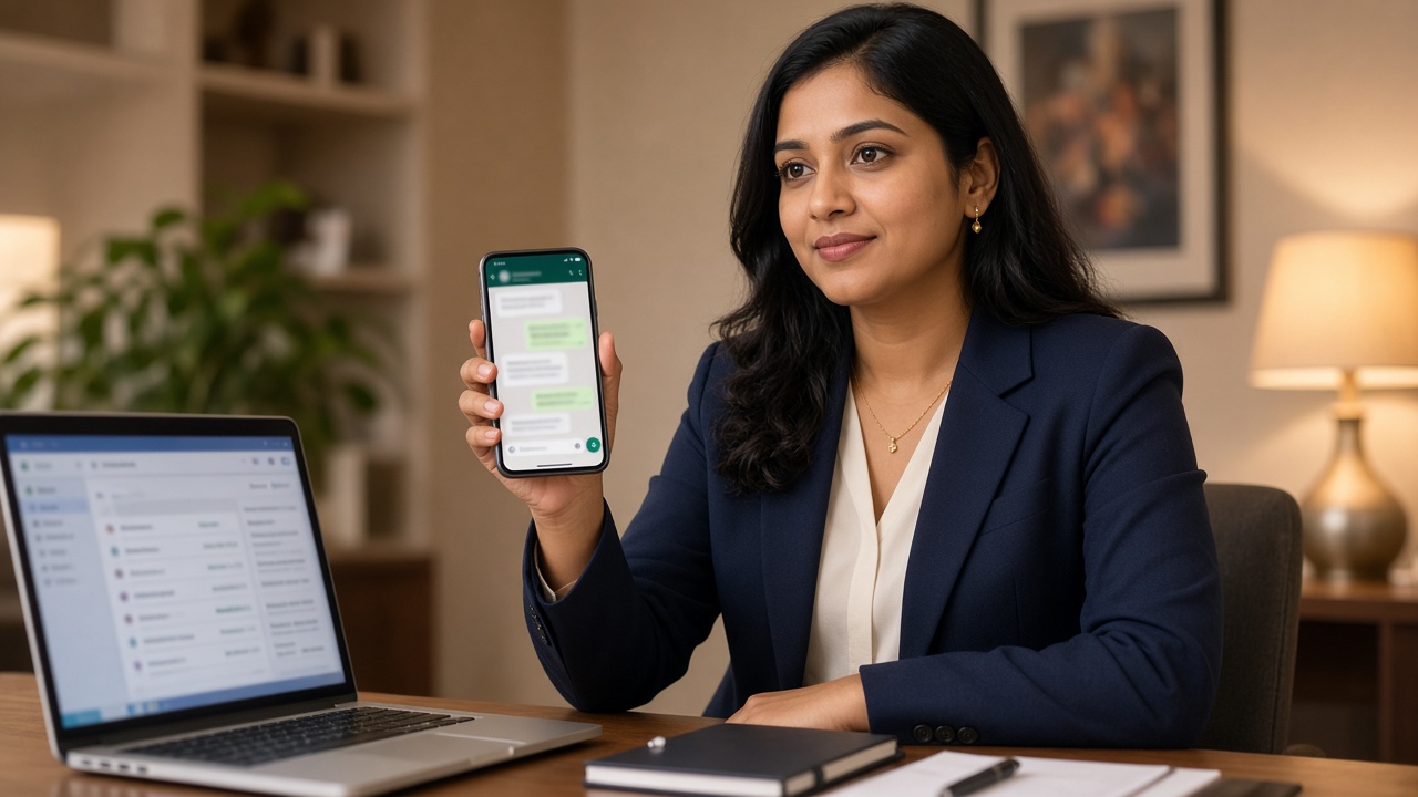 Counsellor at a coaching desk using WhatsApp for missed call follow up after a parent did not answer