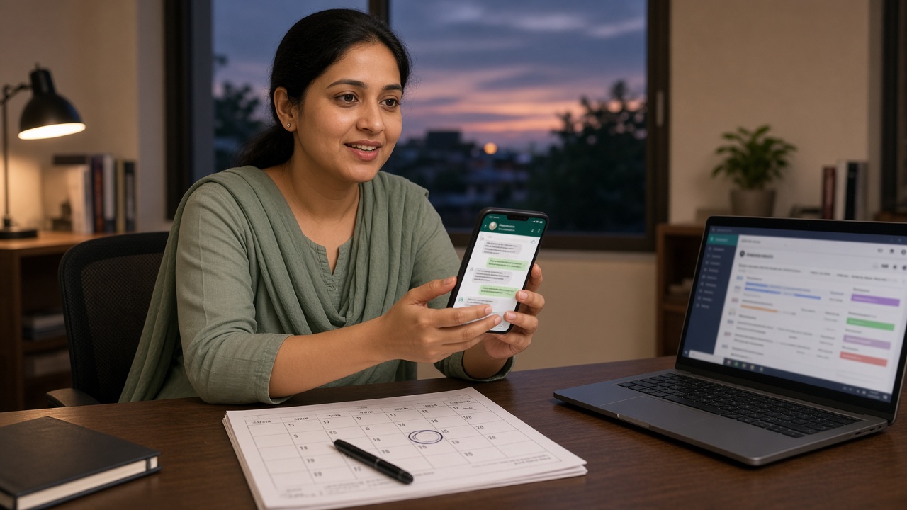 Indian admissions counsellor scheduling call after results coaching institute follow-ups on calendar and WhatsApp