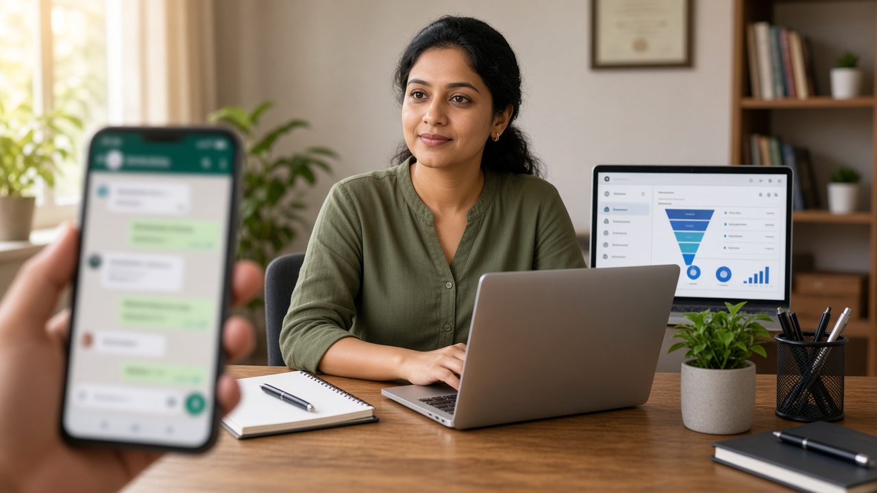 Admissions counsellor reviewing Meta coaching leads and WhatsApp follow-ups on a coaching institute desk in India