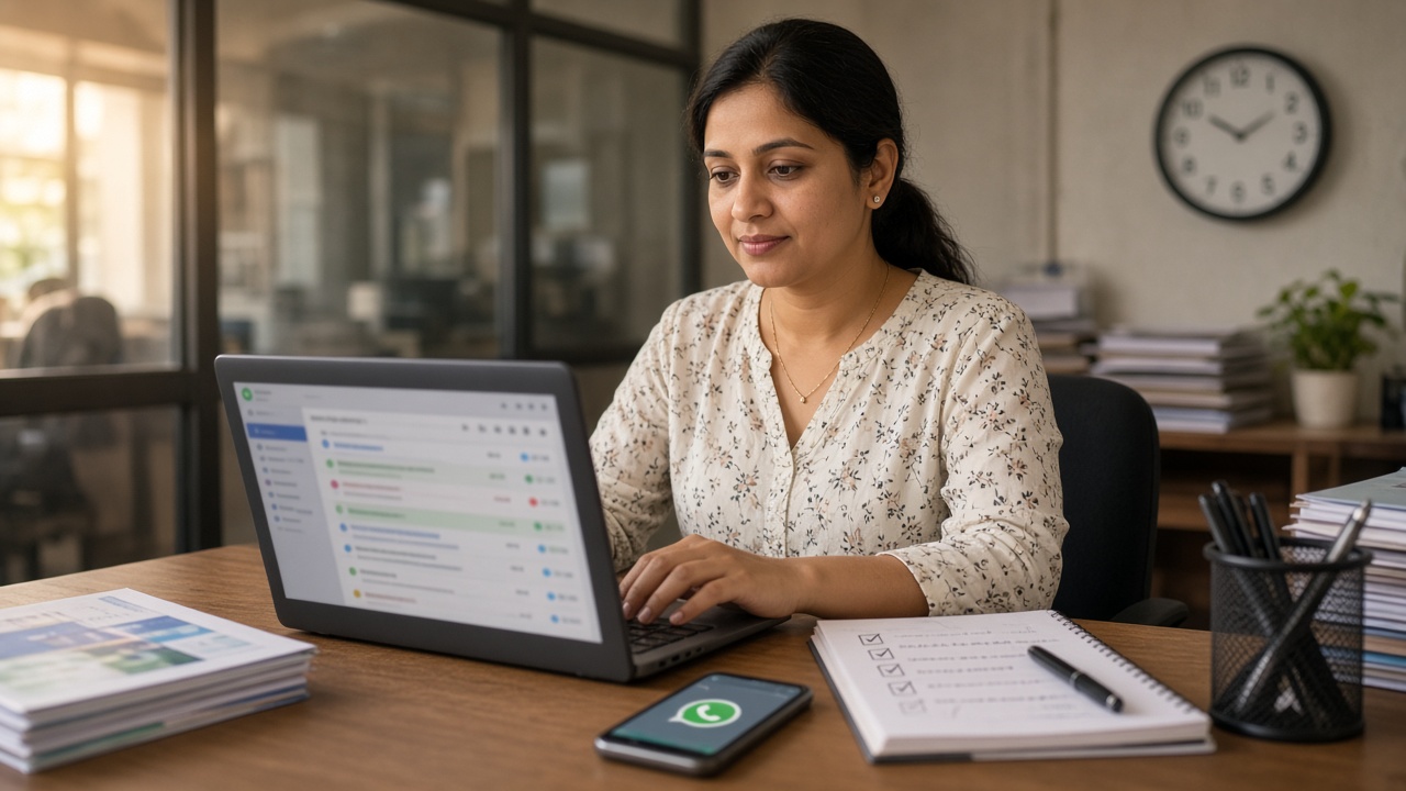 Admissions counsellor triaging overnight Meta leads on laptop and phone at a coaching institute desk