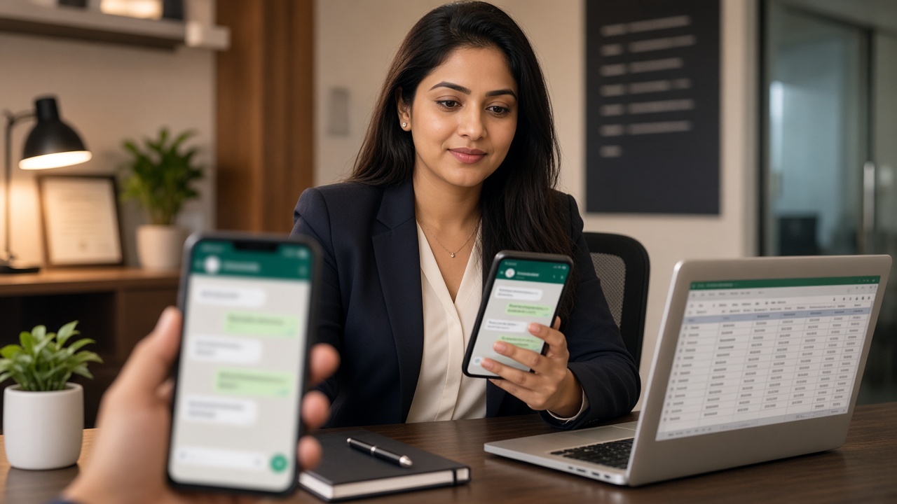 Coaching institute counsellor doing WhatsApp follow up for admission leads at an evening desk in India