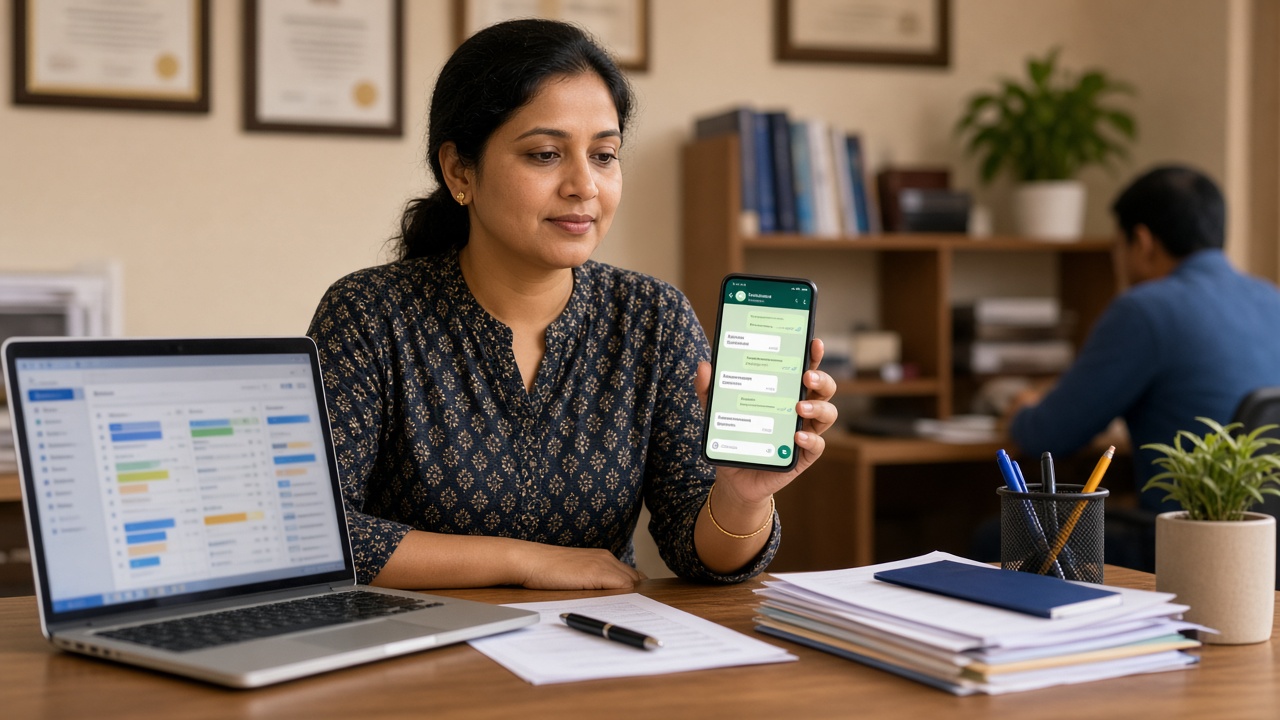 Counsellor desk with phone showing WhatsApp chat threads during coaching admissions follow up sequence work in India