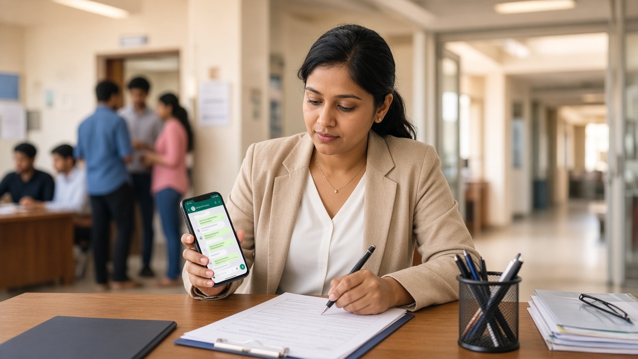 Counsellor at a coaching institute desk reviewing a walk-in enquiry form with WhatsApp on phone for walk-in enquiry follow up