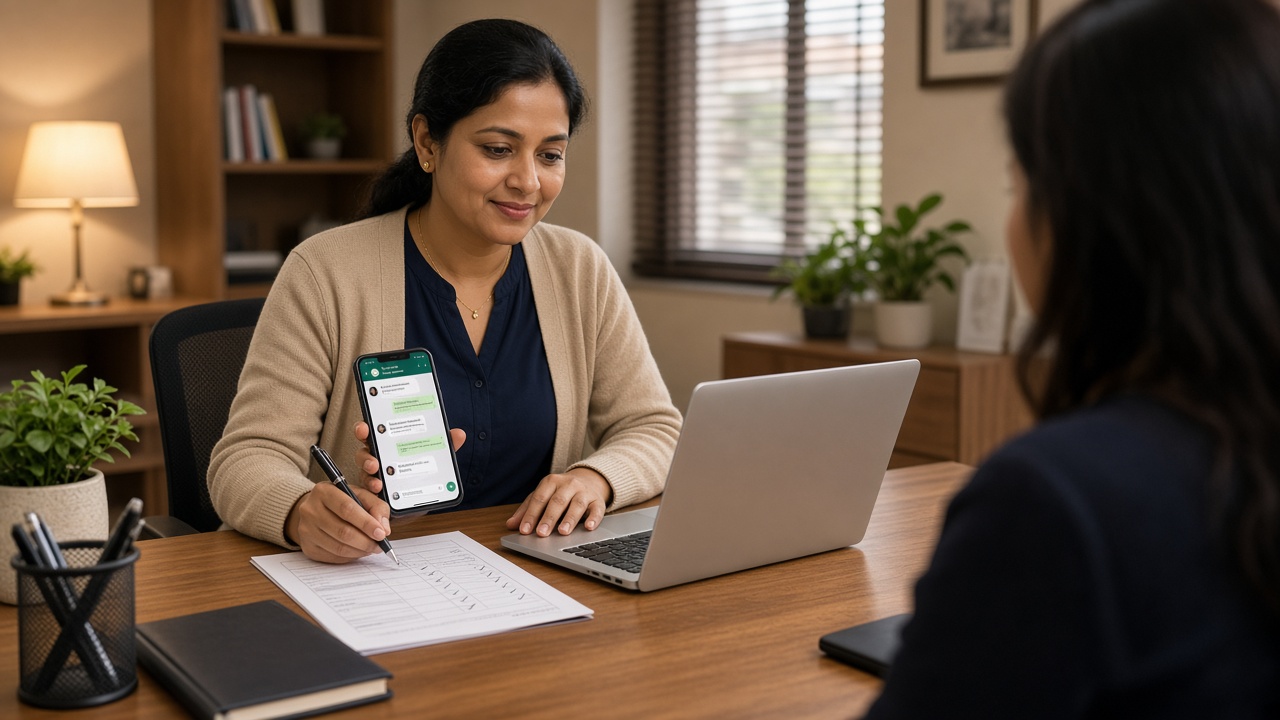 Coaching institute counsellor managing Meta lead ads follow up on WhatsApp and laptop at admissions desk