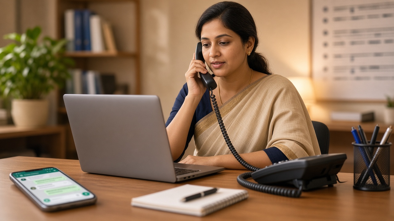Counsellor handling admission enquiry follow up at a coaching desk in India